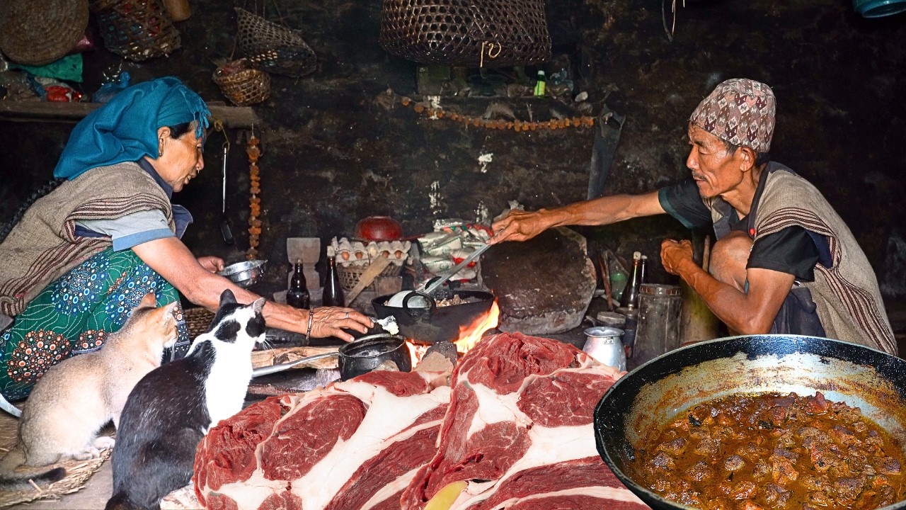 Eastern Nepal  Life | Grandparents lose Their Home but Never Lose Hope & Enjoying Buff curry meal