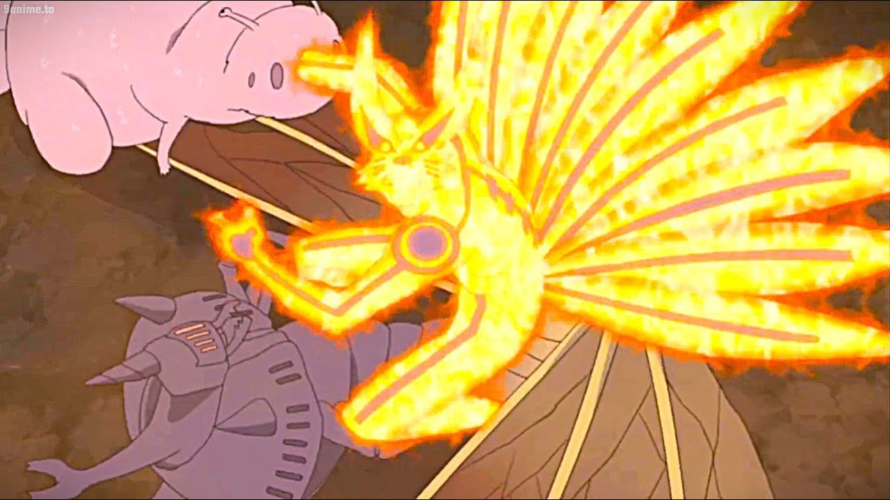 Naruto, in Kurama Chakra Mode, attacks with Rasengan, facing Madara and Obito Tailed Beasts.
