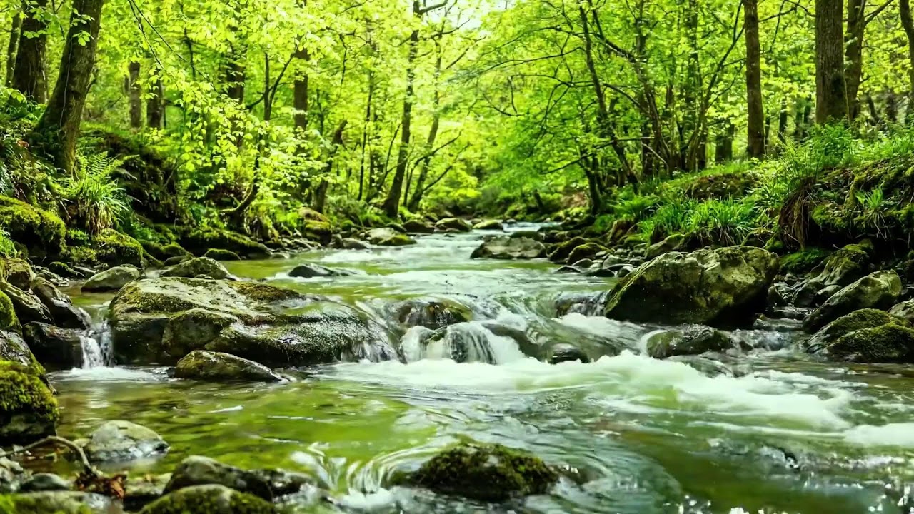 Stream Flowing Gently Over Rocks, Melodic Sound of Birds Singing, Relaxing Nature Symphony