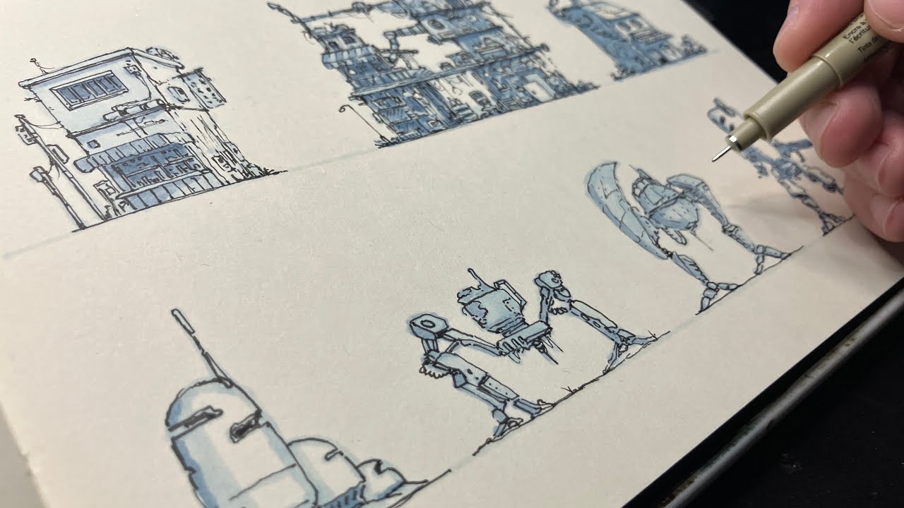Sketchbook doodles random buildings and Mechs