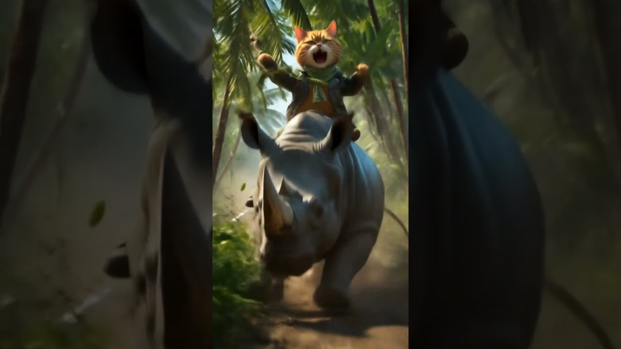 Kitty is riding rhino in jungle
