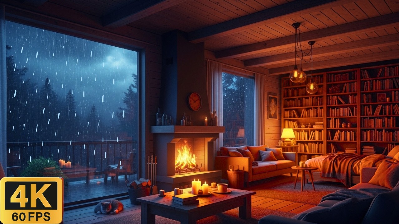 Rainy Night & Thunderstorm with Fireplace in Cozy Living Room | Heavy Rain Sounds for Sleep