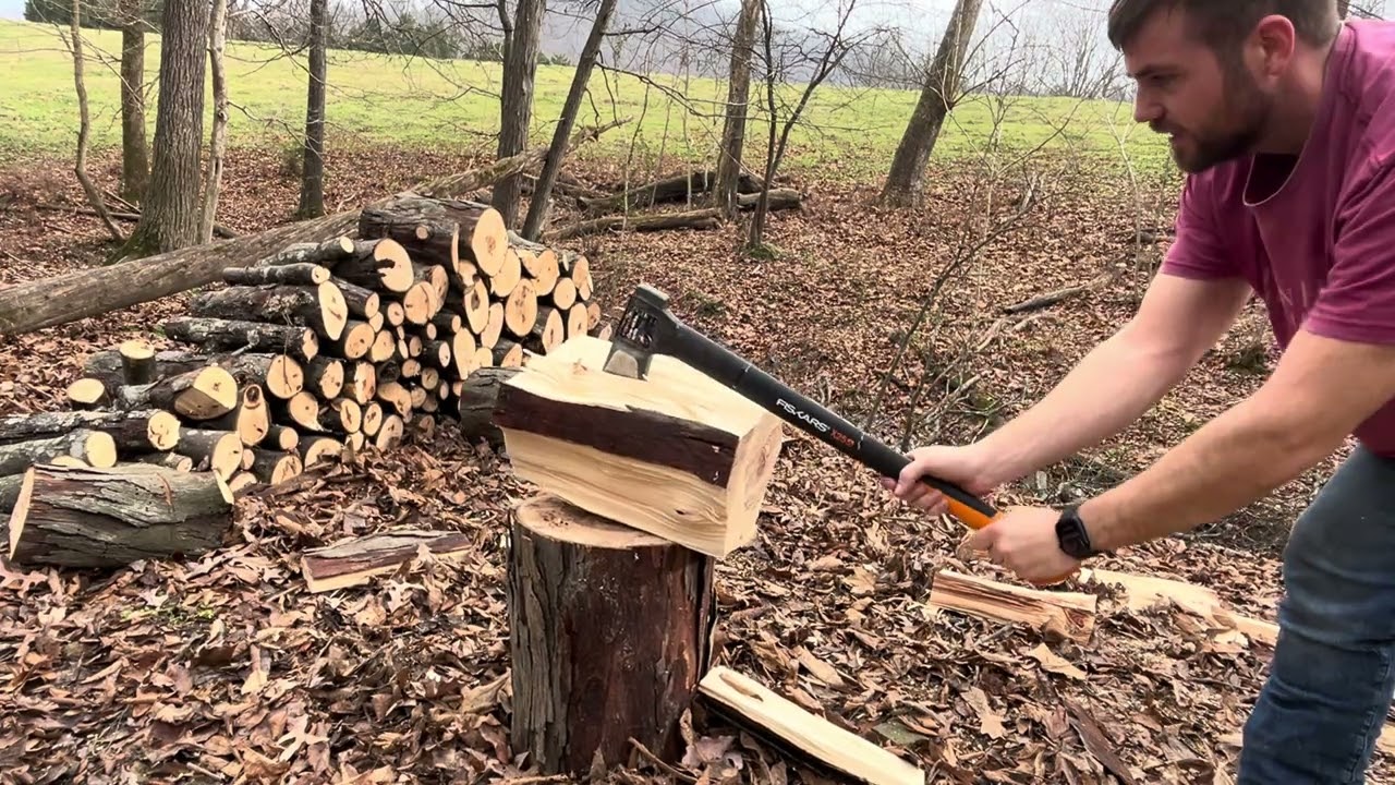 Splitting shagbark hickory with an axe!