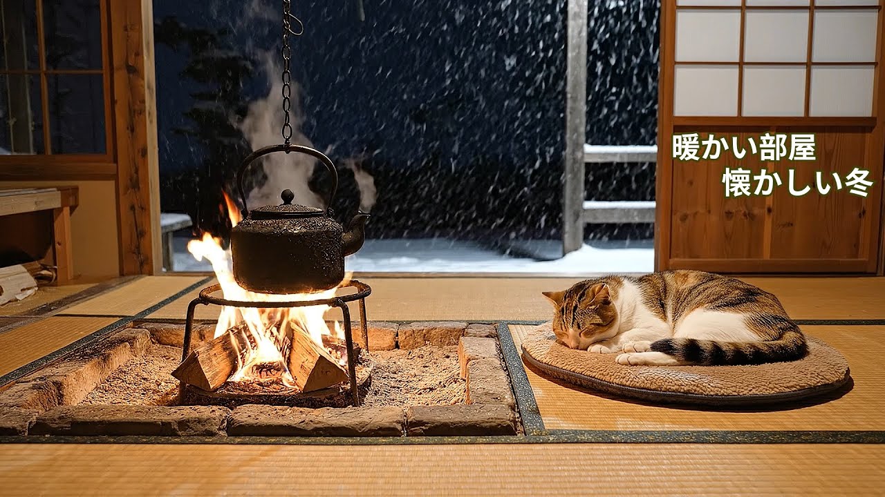 冬の懐かしい部屋、囲炉裏のそばで眠る猫の風景。環境音、やさしく眠りへと導きます。- 睡眠用BGM