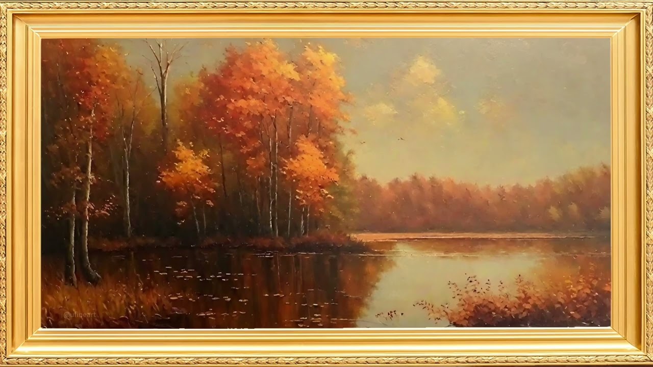 autumn leaves orange trees golden frame vintage art tv watercolor minimalist abstract background
