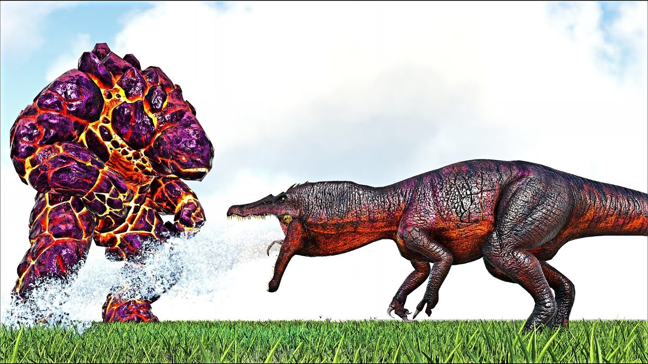 VOLCANO X-ROCK GOLEM ELEMENTAL VS AQUATERIOTH BARYONYX (ARK SURVIVAL EVOLVED BATTLE DINOSAUR)