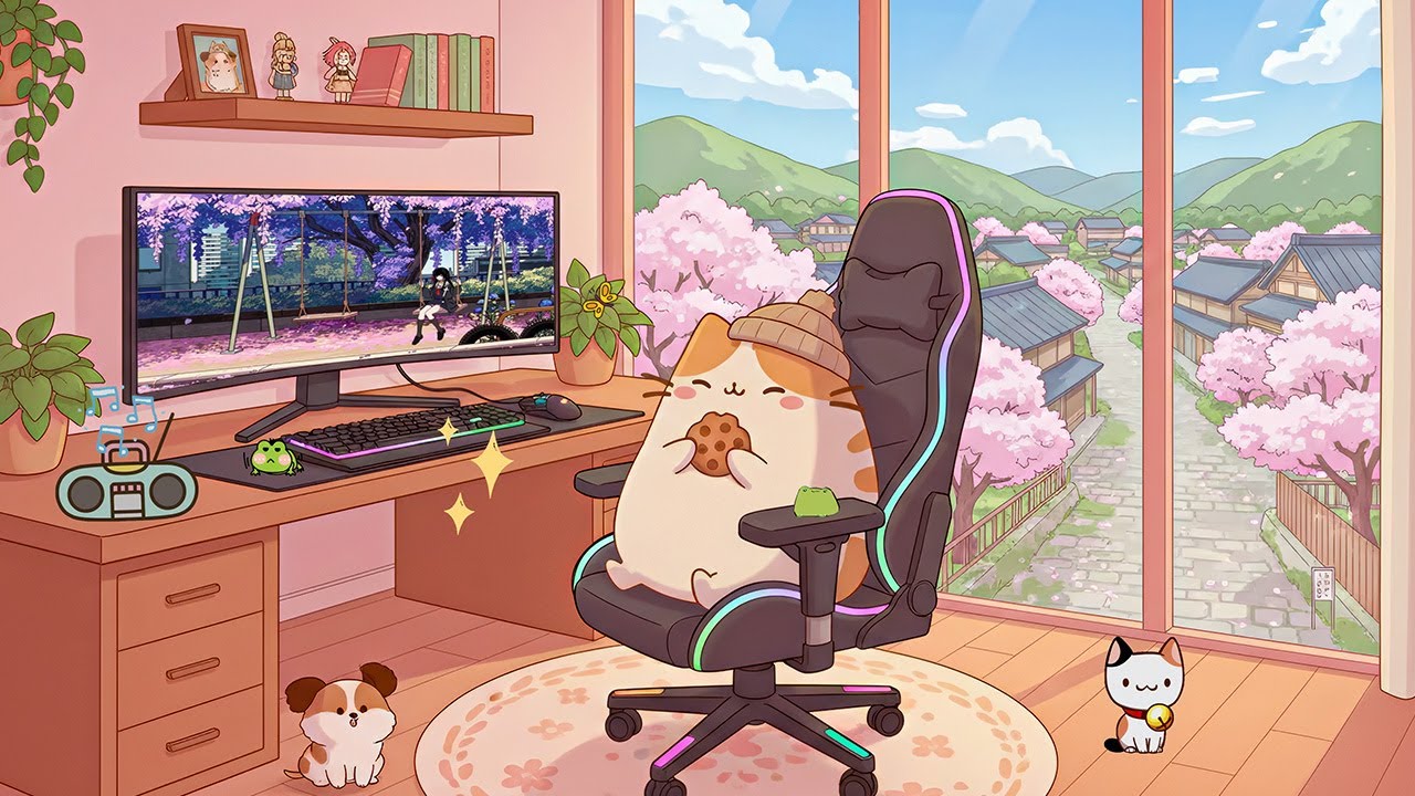 Pusheen's Kawaii Spring Corner 🍪✨ Lofi Chill Beats to Unwind & Study 🎧 Relaxing Vibes