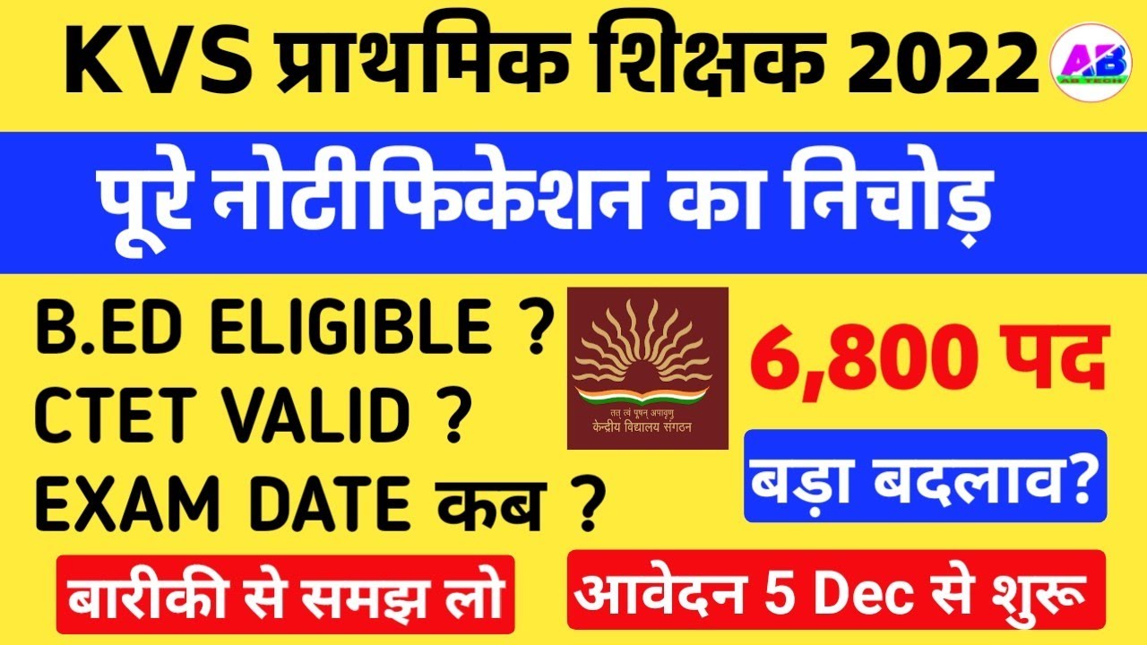 KVS PRT VACANCY 2022 । ELIGIBILITY CRITERIA, AGE, EXAM DATE । BED & CTET APPEARING । APPLY NOW