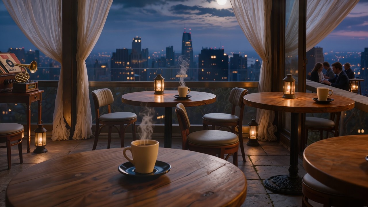 Relaxing Night on the Moonlit Rooftop Café | Jazz