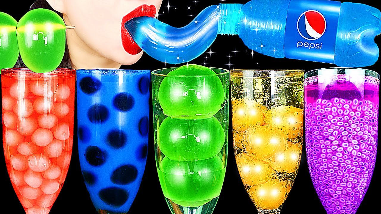 ASMR RAINBOW DRINKS, PEPSI HONEY JELLY, BOBA, GRAPE JELLY, CANDY, EDIBLE FROG EGGS 신기한 물 먹방 MUKBANG