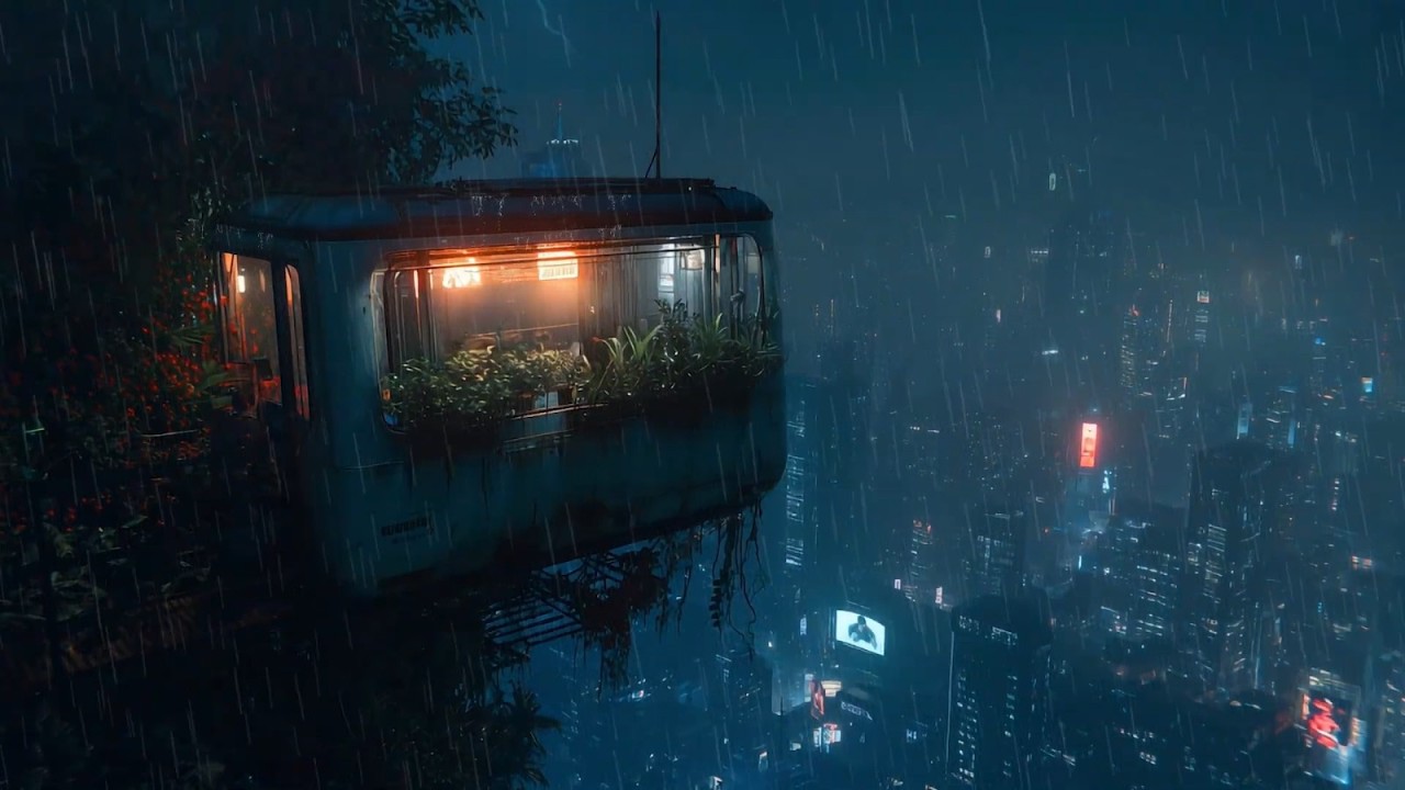 Futuristic Soothing City ⛈️ Cyberpunk Lofi Music Ambient Cabin🎧| Sleep Focus Chill Relax