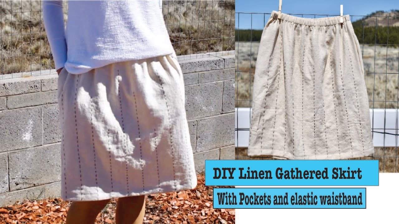 DIY linen gathered skirt with elastic waistband, and pockets + Sashiko style embroidery