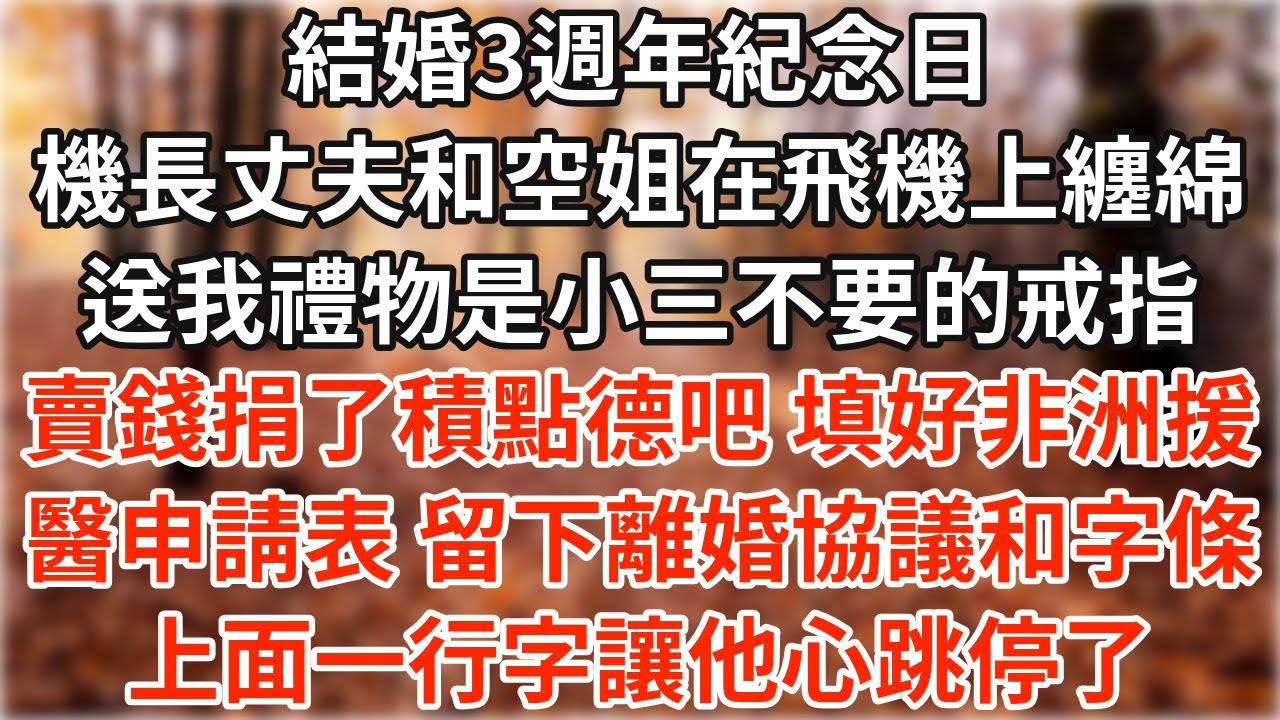 結婚3週年紀念日，機長丈夫和空姐在飛機廁所纏綿，送我禮物是小三不要的戒指。賣錢捐了積點德吧，填好非洲援醫申請表，留下離婚協議和字條，上面一行字讓他心跳停了