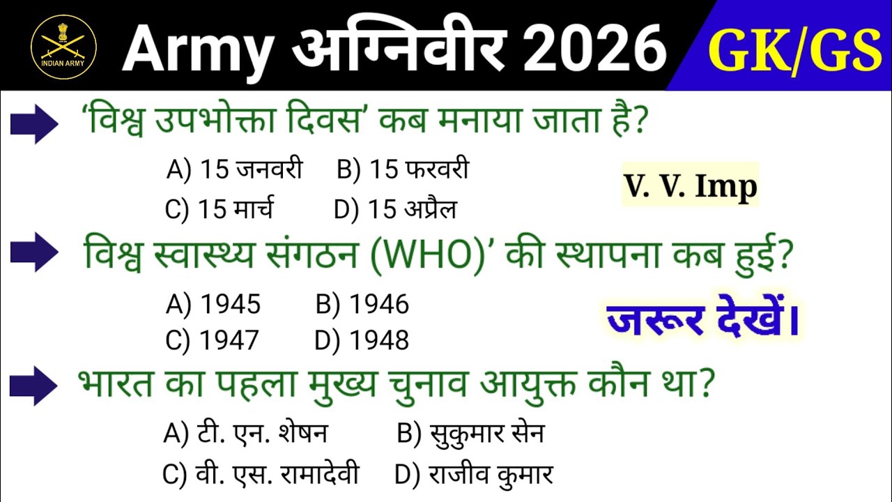 आर्मी अग्निवीर भर्ती 2026 | army agniveer gk gs class | army agniveer privious year question | GK GS