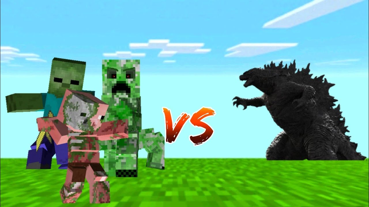 Godzilla vs Zombie Titan, creeper Titan, zombiepigman Titan (mcpe mob battle)