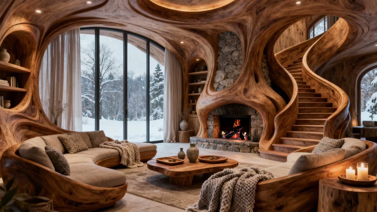 Cozy Sculpted Scandinavian Living Room 🔥 Winter Fireplace Ambience & 4 Hours Long Relaxing Video