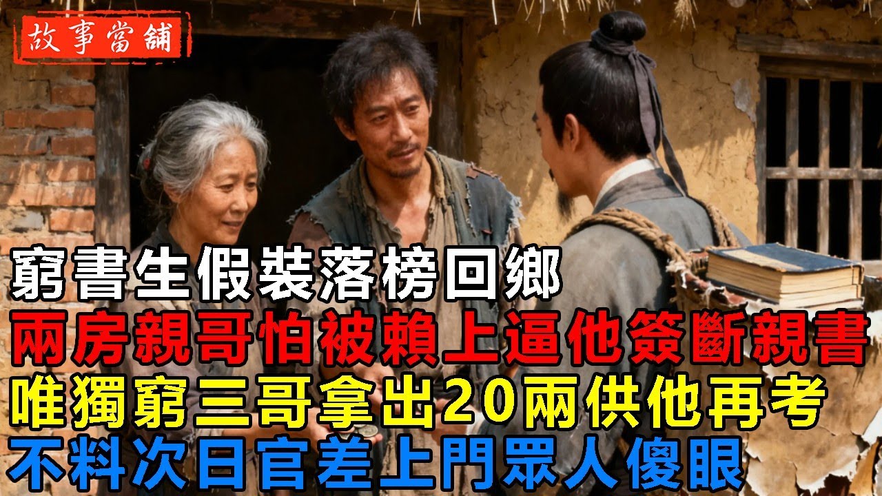 窮書生假裝落榜回鄉，兩房親哥怕被賴上逼他簽斷親書，唯獨窮三哥拿出20兩供他再考，不料次日官差上門眾人傻眼| 民間故事 | 故事當舖
