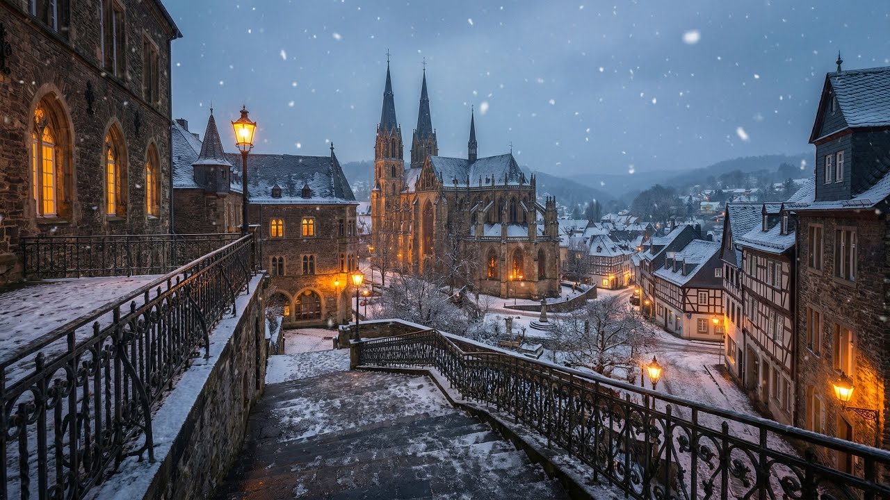 Old European Street Under Falling Snow | Dark Academia Piano for Deep Focus