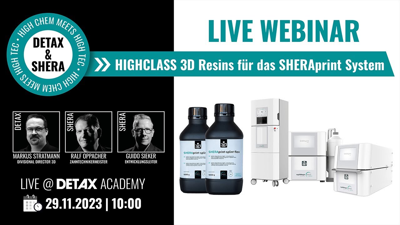 DETAX LIVE Webinar - HIGHCLASS 3D Resins für SHERAprint System