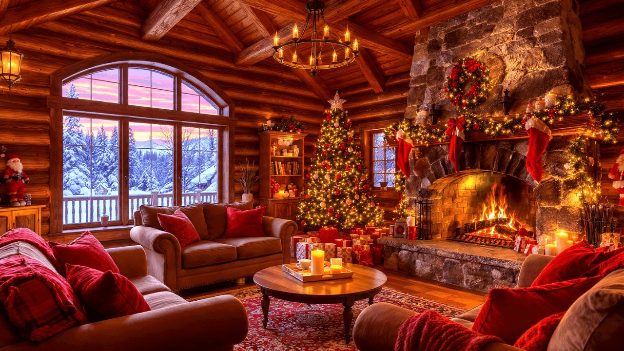 Winter Fireplace Cabin with Light and Uplifting Jazz Instrumentals