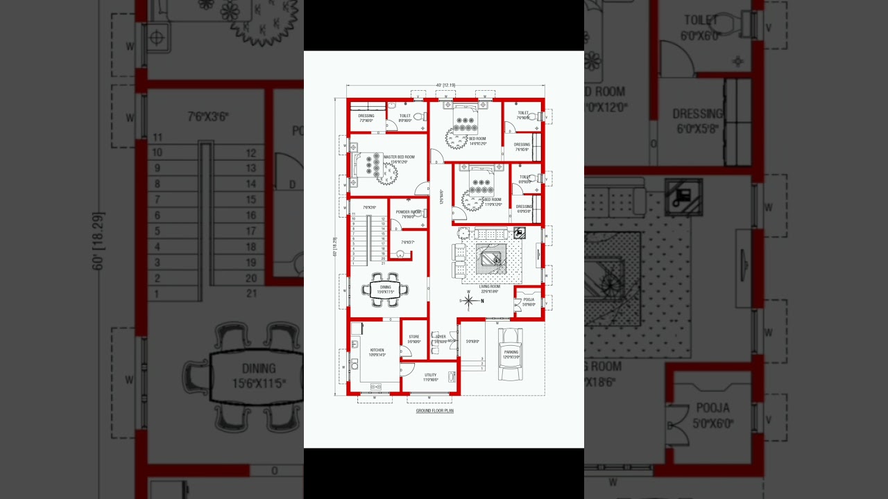 40'x60' HOUSE PLAN # EAST FACING # 3BHK # 2400 SQ.FT
