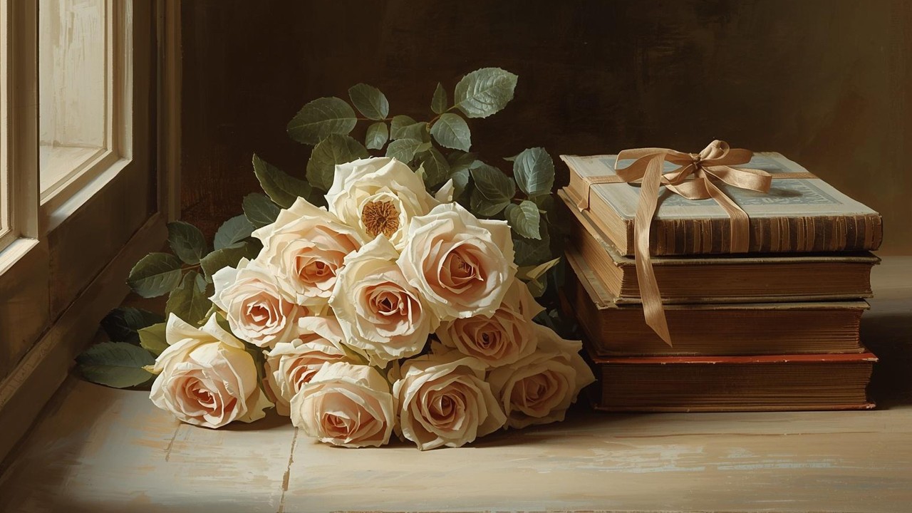 Romantic Vintage Rose & Books Still Life Vintage Painting | Frame TV Art | 2-Hour Screensaver