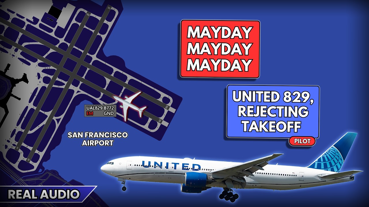 United Boeing 777 rejects takeoff and declares MAYDAY due to cargo door issue. Real ATC
