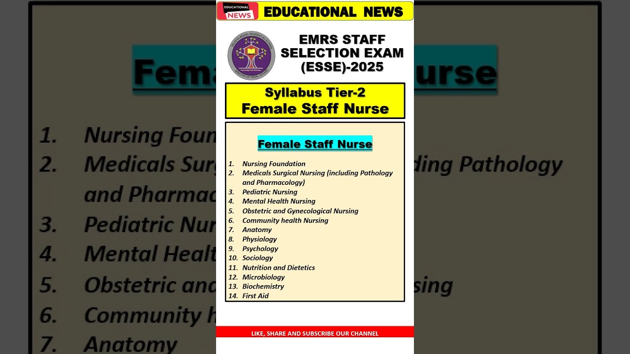 EMRS FEMALE STAFF NURSE TIER 2 SYLLABUS 2025 #emrs #emrsfemalestaffnurse #nurse #female #tier2