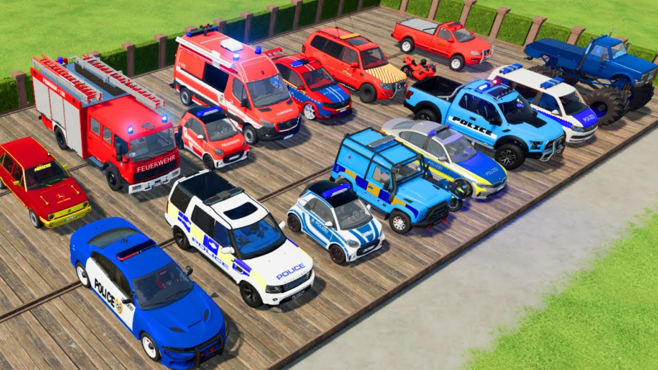 TRANSPORTING CARS, AMBULANCE, POLICE CARS, FIRE TRUCK, MONSTER TRUCK OF COLORS! WITH TRUCKS! - FS 22