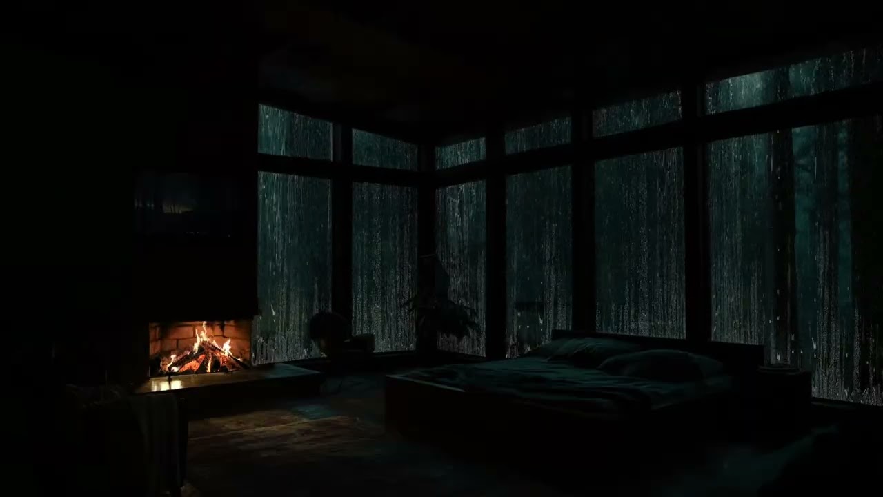 A lonely and peaceful cabin night with rain drifting softly through the forest