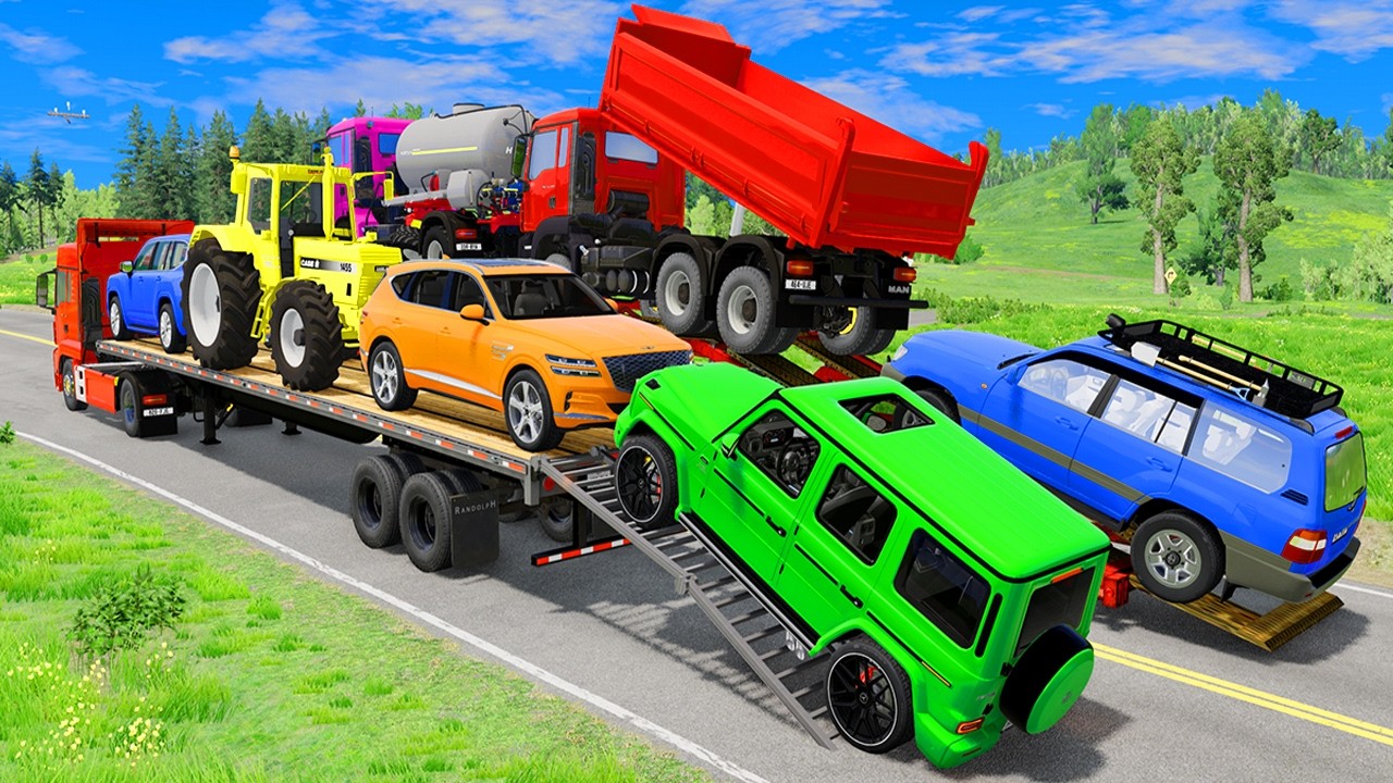 Flatbed Trailer McQueen Transportation with Truck - Speedbumps vs Cars vs Train #52 - BeamNG.Drive