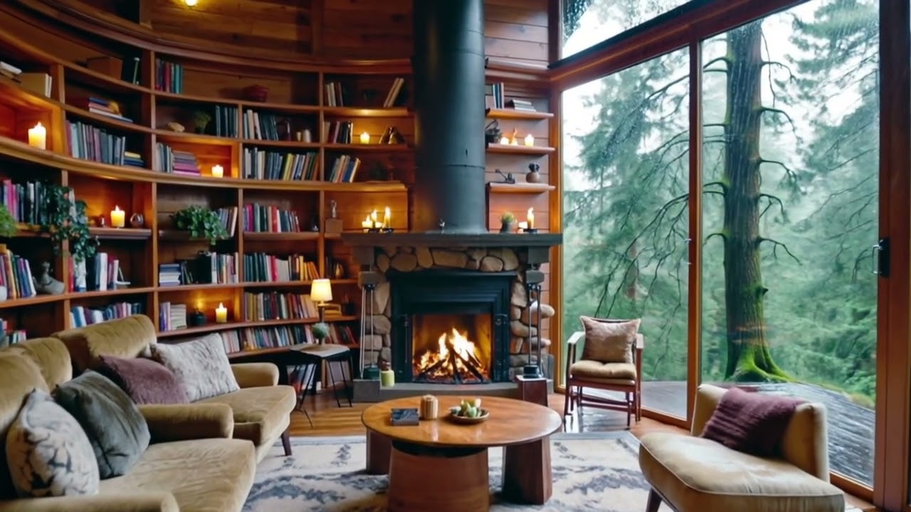 Jazzy Home Library Ambience | Jazz music with cozy fireplace ambience for studying and relaxing