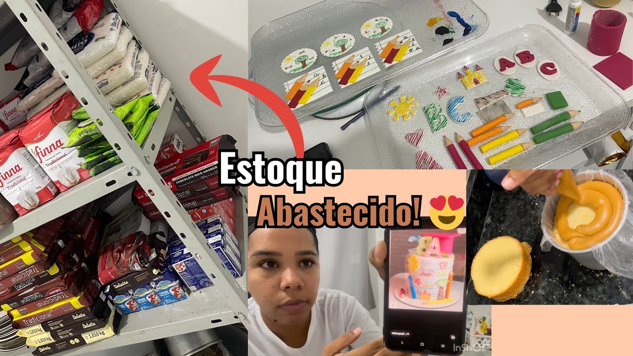 Minha confeitaria em casa😍 estoque cheio/ produção de bolo/ apliques em pasta americana/ kit abc