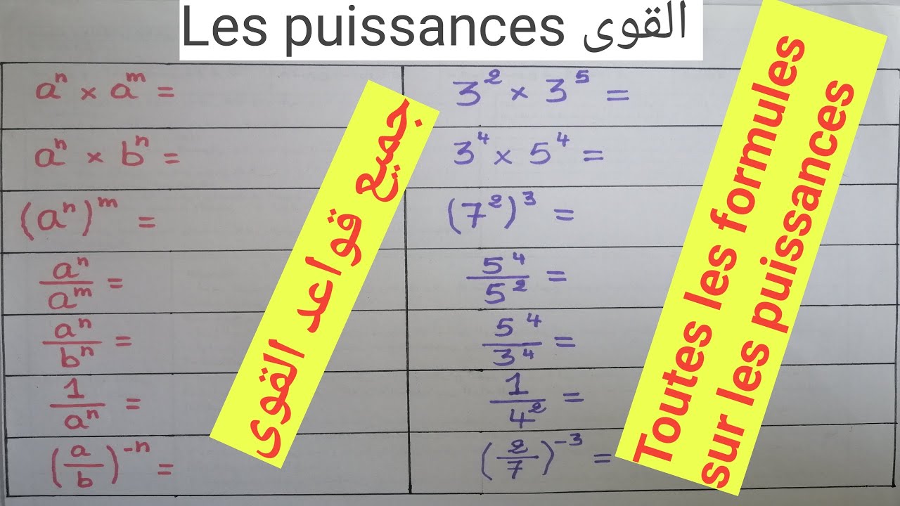 les puissances القوى : toute les formules sur les puissances جميع قواعد القوى