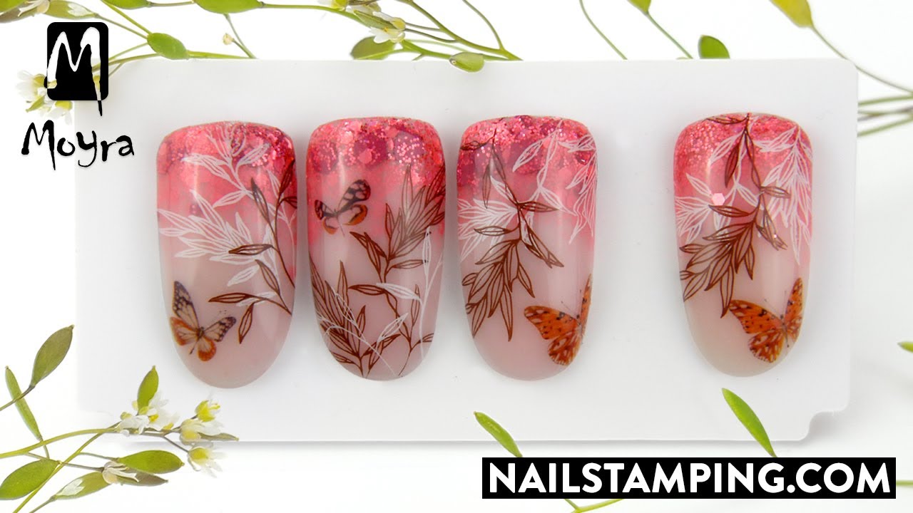 Glitter ombre nail art with stamping and sticker (nailstamping.com)
