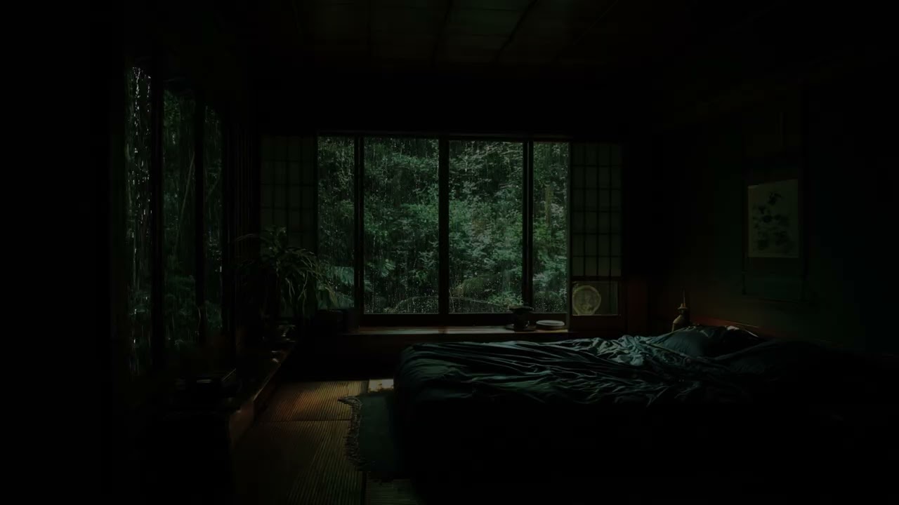 Rain on a wooden veranda ☔ wind chimes trembling in the humid night air softly now