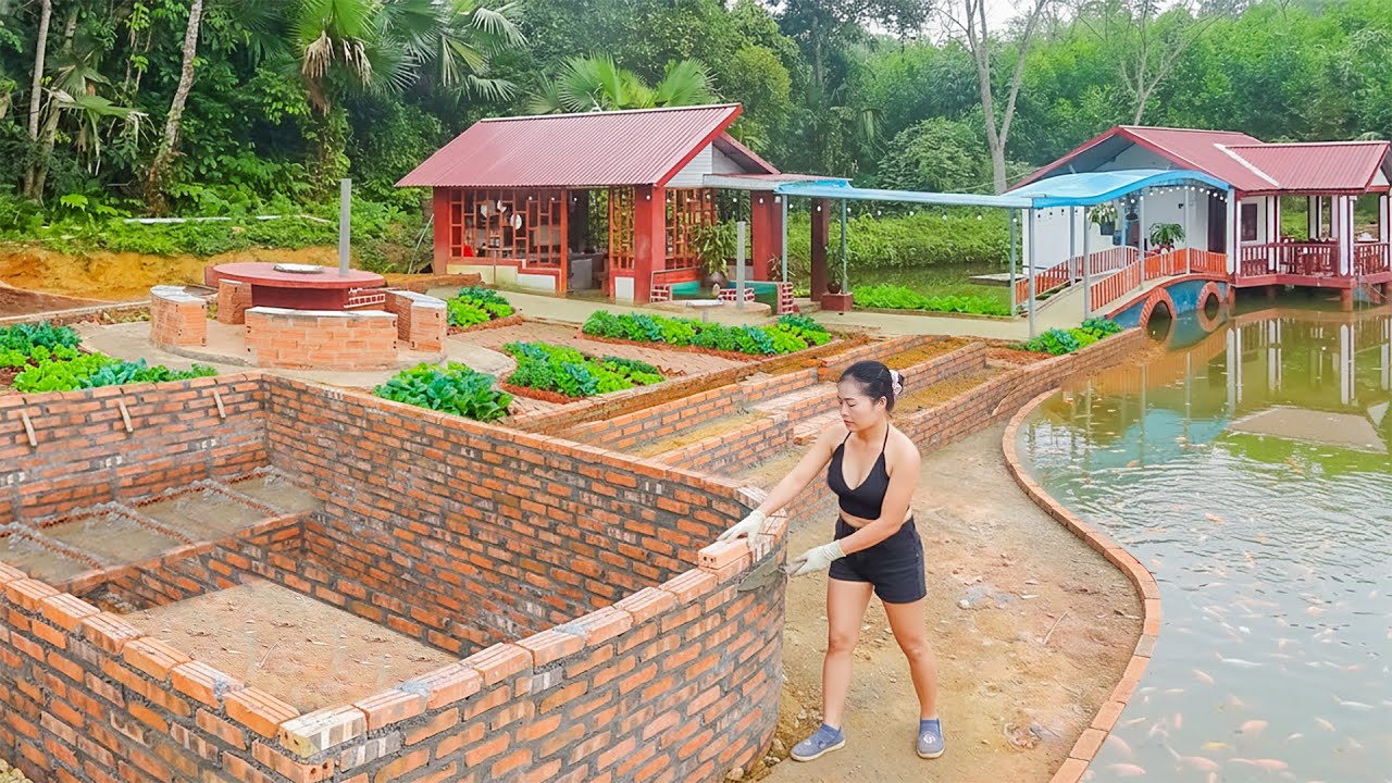 Build an Outdoor Swimming Pool with Many Red Bricks - Build Brick Steps | Ly Phuc Nhi