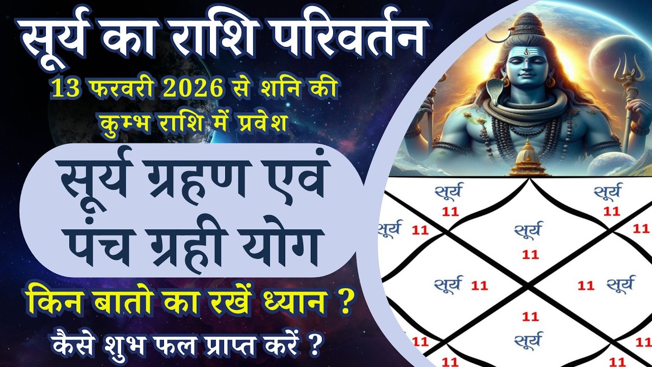 सूर्य का राशि परिवर्तन | सूर्य ग्रहण एवं पंच ग्रही योग | 13 फरवरी 2026 से कुम्भ राशि में प्रवेश #sun