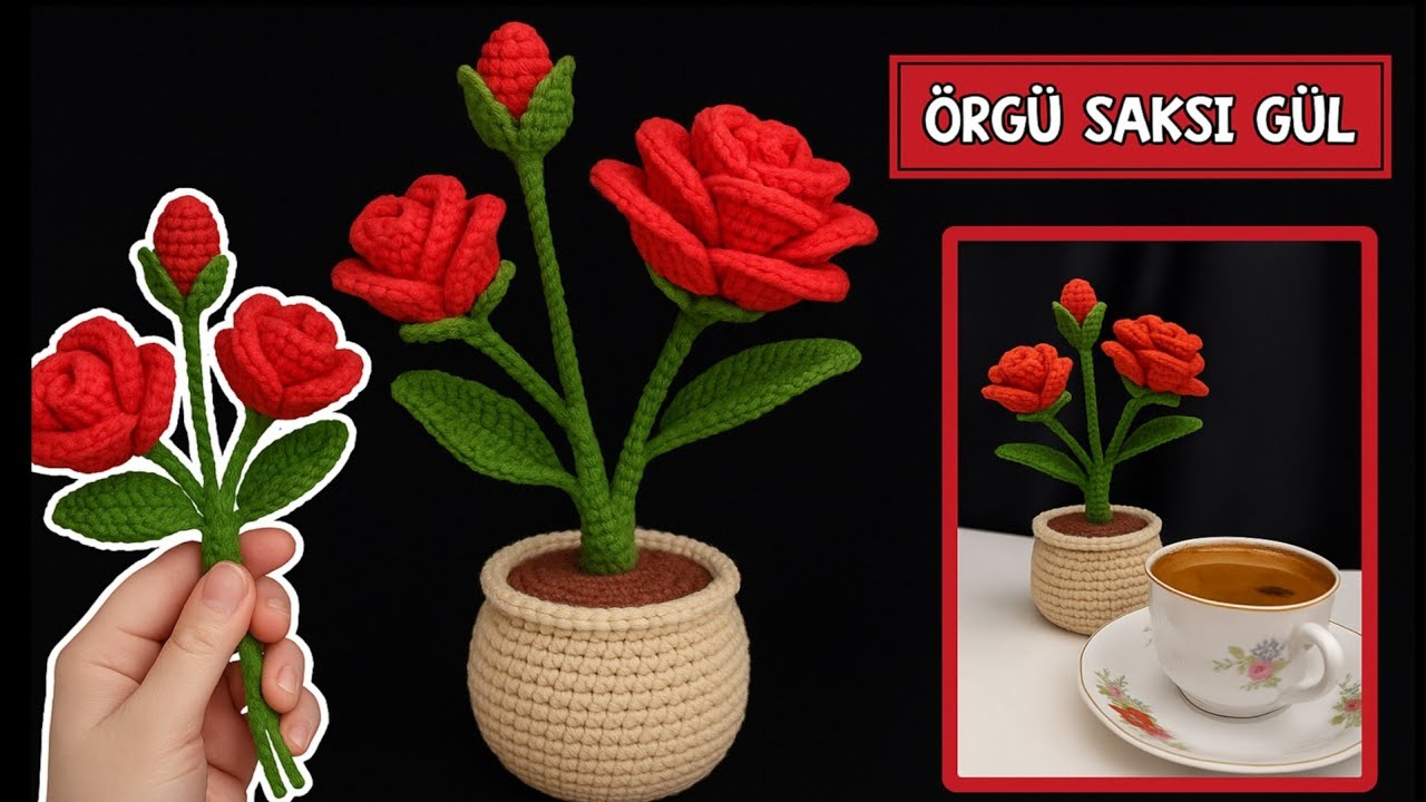 ÖRGÜ SAKSI ÇİÇEK |ÖRGÜ SAKSI  GÜL yapımı/How to Crochet Rose  Pot |Crochet Tutorial #crochet #rose
