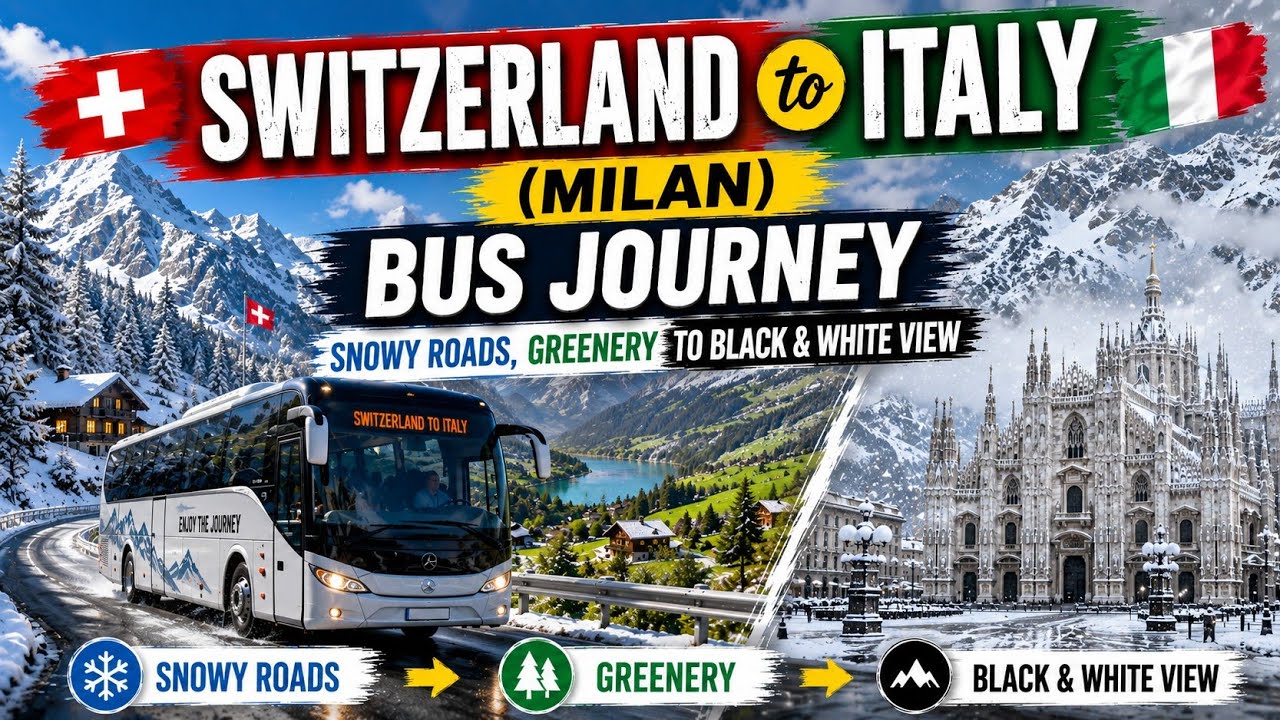 Switzerland to Italy Milan Bus Journey 🇨🇭➡️🇮🇹 | Snowy Roads, Green to Black & White Views #parmbhupi
