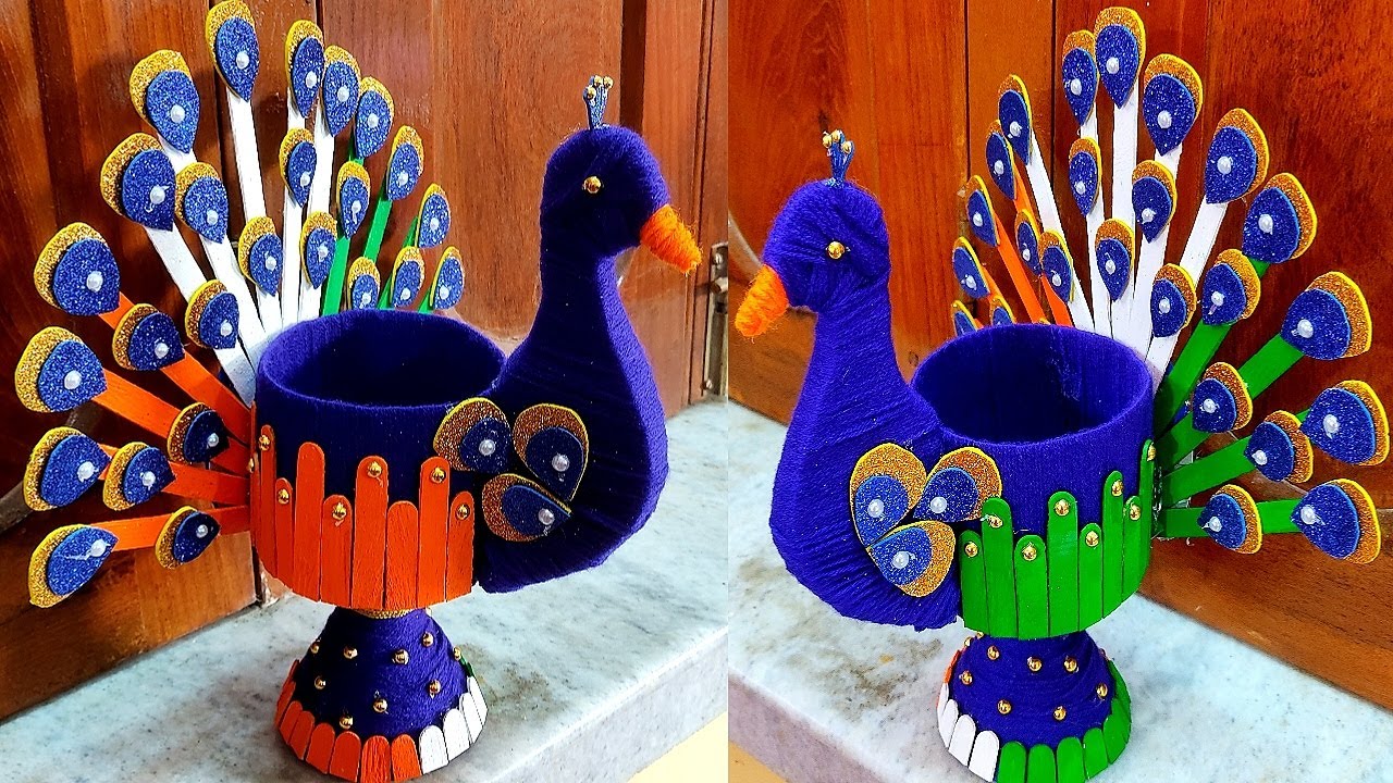 Republic day craft idea/independence day craft idea/plastic bottle craft/woolen peacock showpiece