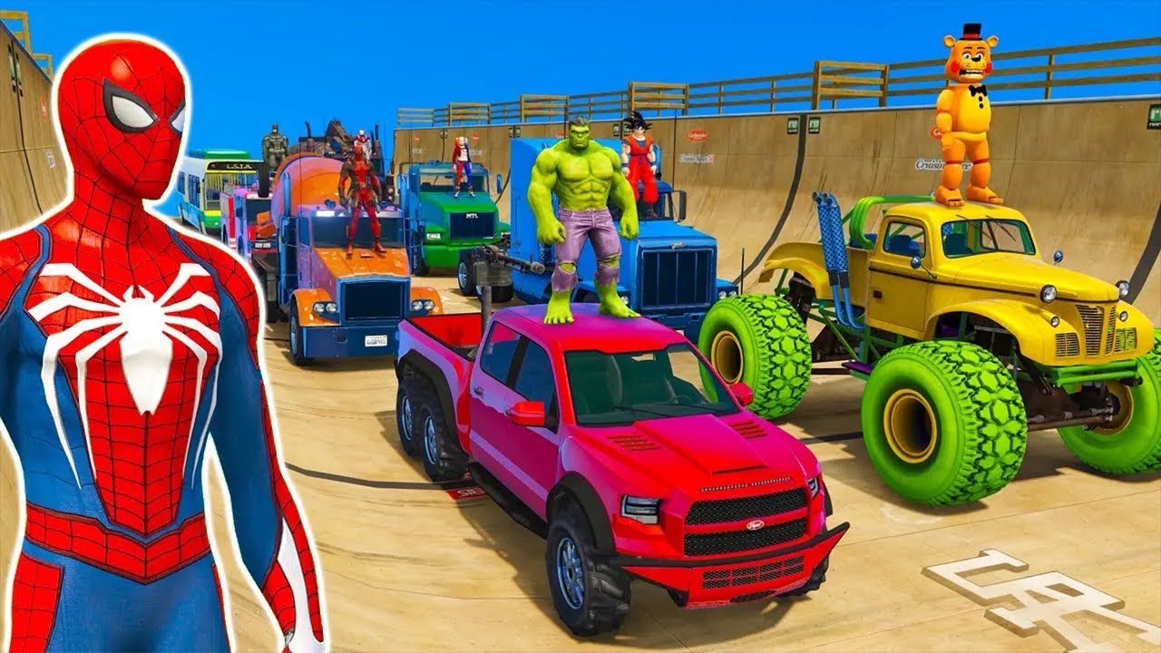 GTA mega desafío de carrera de bicicletas versus autos todoterreno para el hombre araña