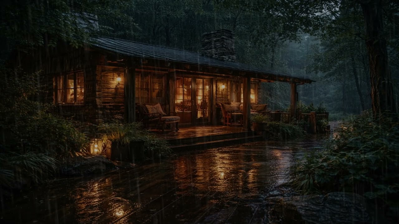 5 Hours Rainy Forest Cabin Ambience | Cozy Fireplace Night