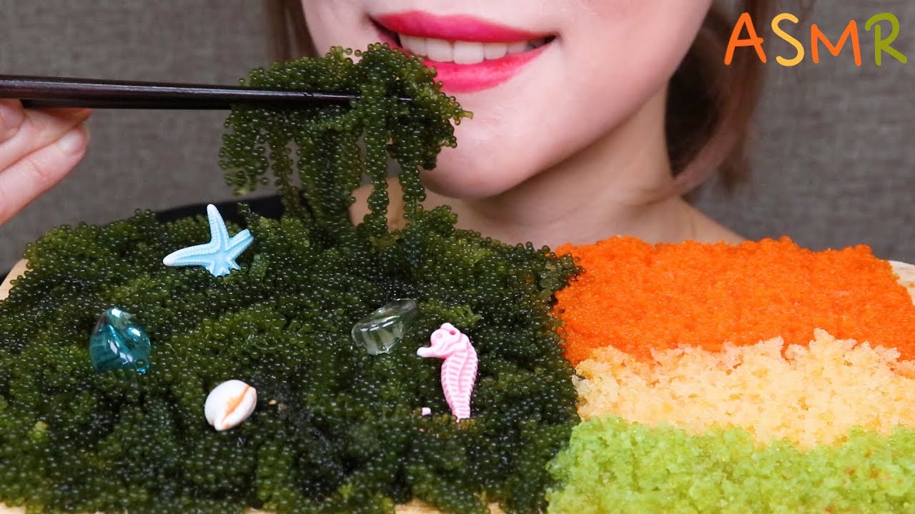 *Sea Grape ＆ Flying Fish Roe EATING ASMR REALSOUNDS MUKBANG (No Talking) // 바다포도 , 날치알 먹방