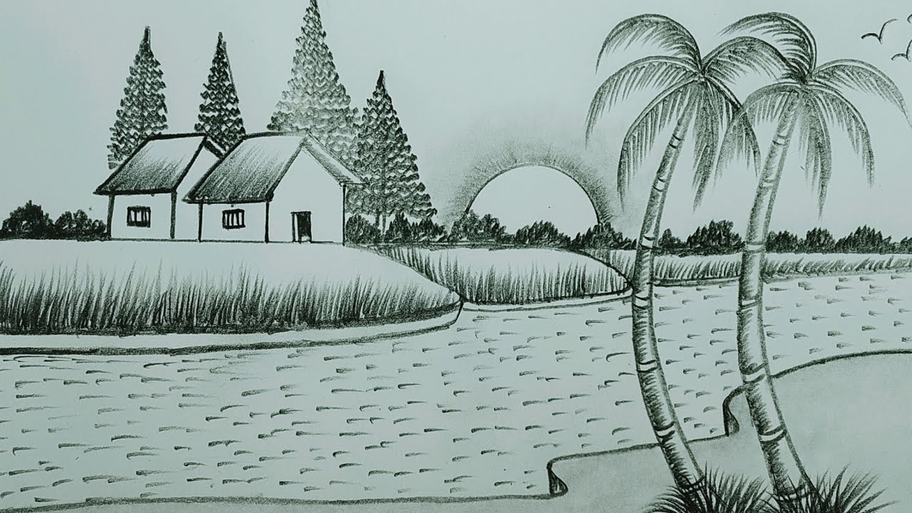 How to draw village scenery with pencil/ prakritik drishya drawing pencil shading 