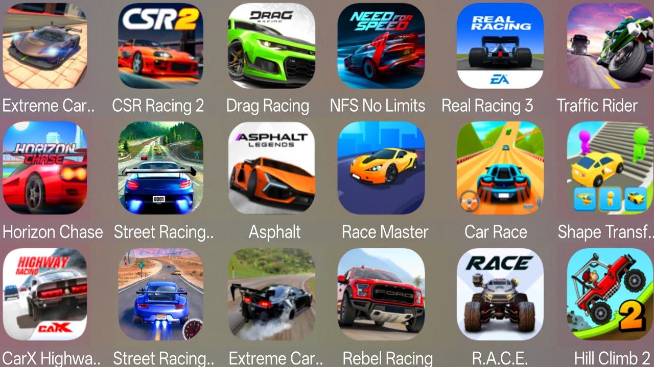 Race Master 3D,Street Racing 3D,Traffic Rider,RACE: Rocket Arena Car Extreme,Asphalt 9,Hill Climb 2