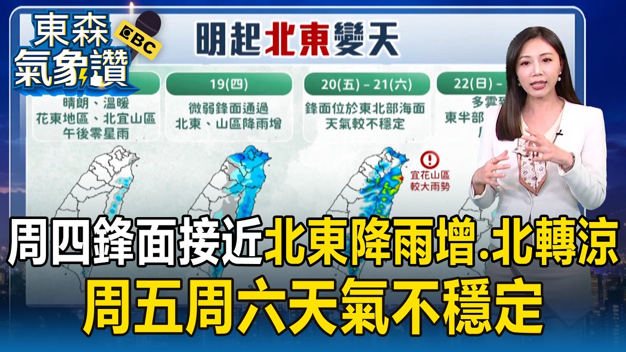 周四鋒面接近「北東降雨增.北轉涼」！周五周六天氣不穩定「宜蘭.花蓮山區可能較大雨勢」！【東森氣象讚】