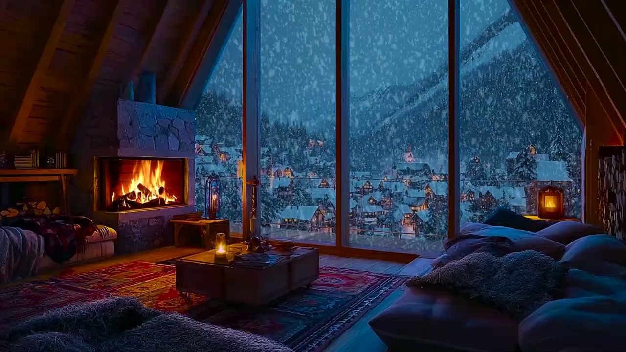 Winter Blizzard at a Wooden Cabin with Soft Fire Sounds for Relaxing Sleep and Study Time