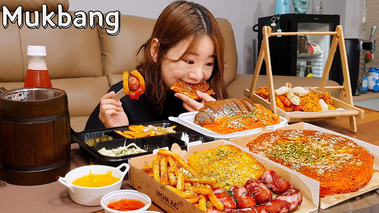 Sub)Real Mukbang-Корейская пицца🍕 Курица с розовым соусом🥘 Колбаса, Хаш Браун🌭 Пиво🍺 КОРЕЙСКАЯЕДА