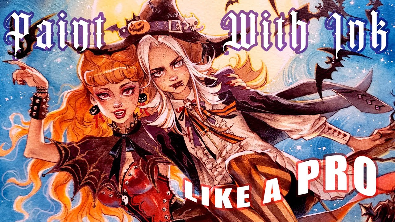 🎃 BEST Mix media process! Colored INKS + Colored Pencils + White Gouache //  Halloween